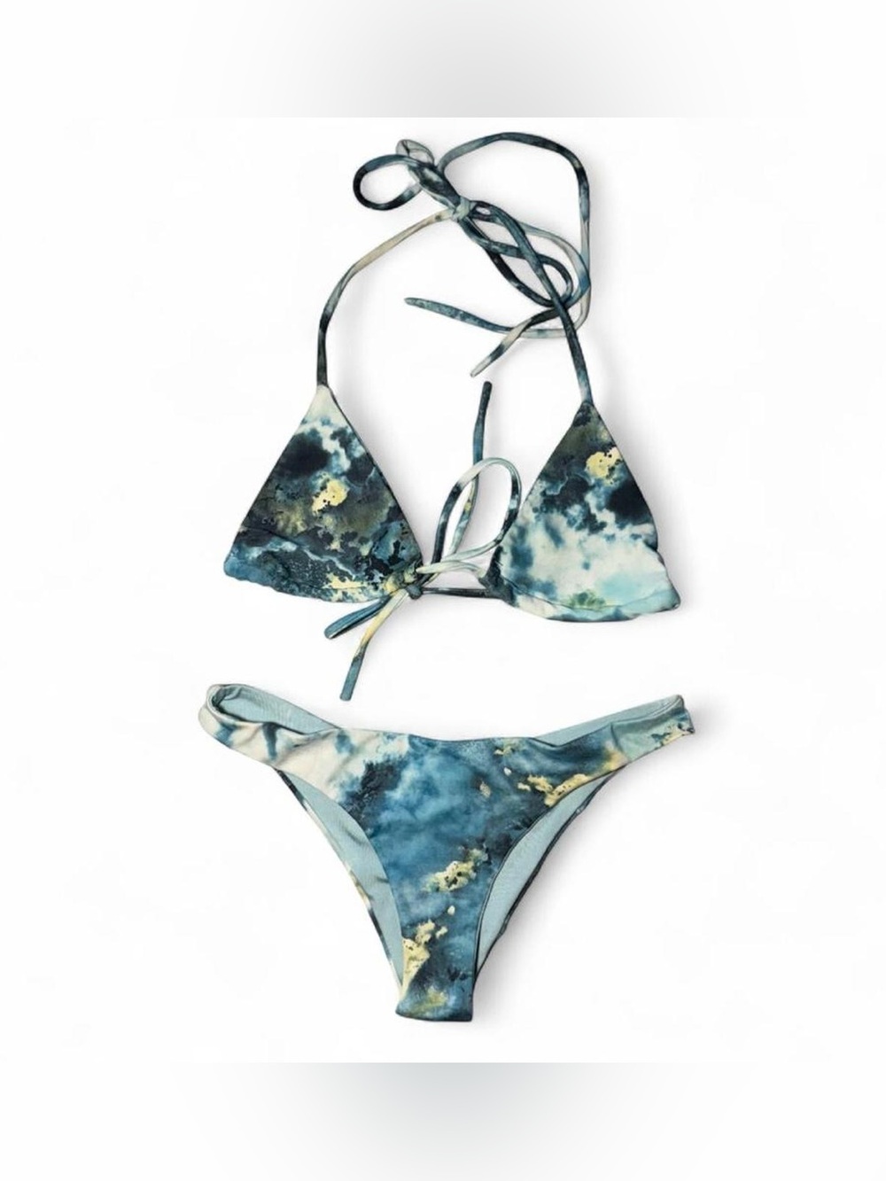 Blue & white ocean tie-dye triangle bikini set with bottom scrunch  ⏹️